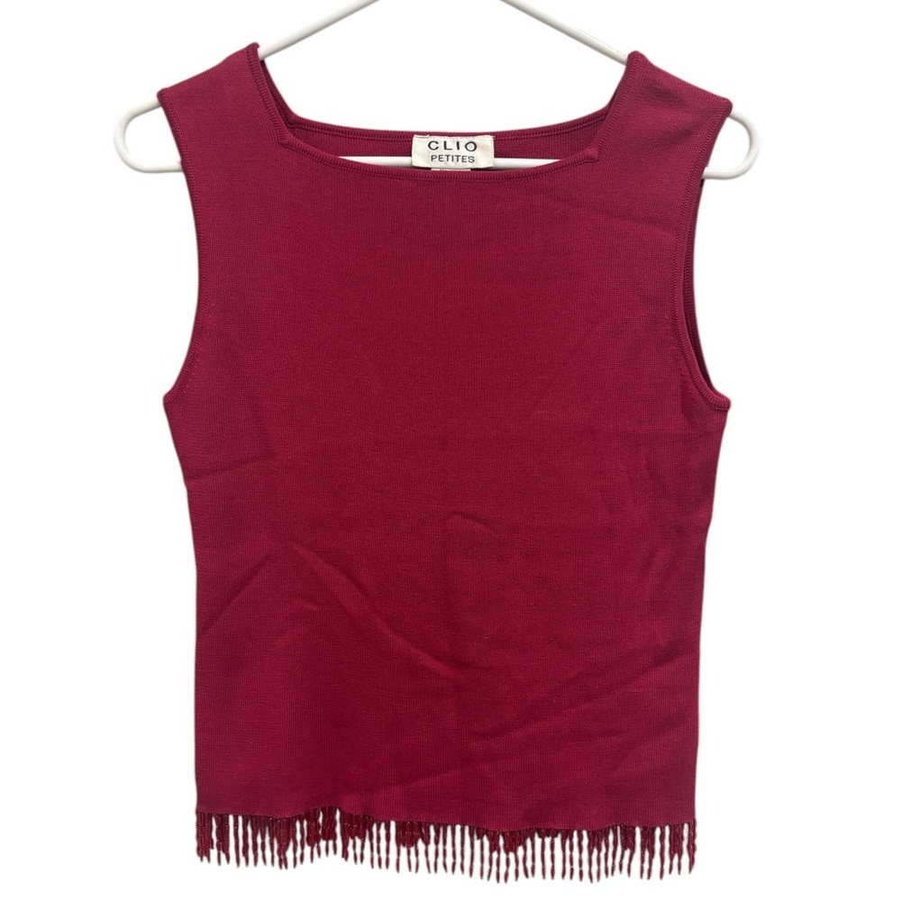 Vintage CLIO Silk & Cotton Beaded Fringe Top Petite Large Burgundy Large